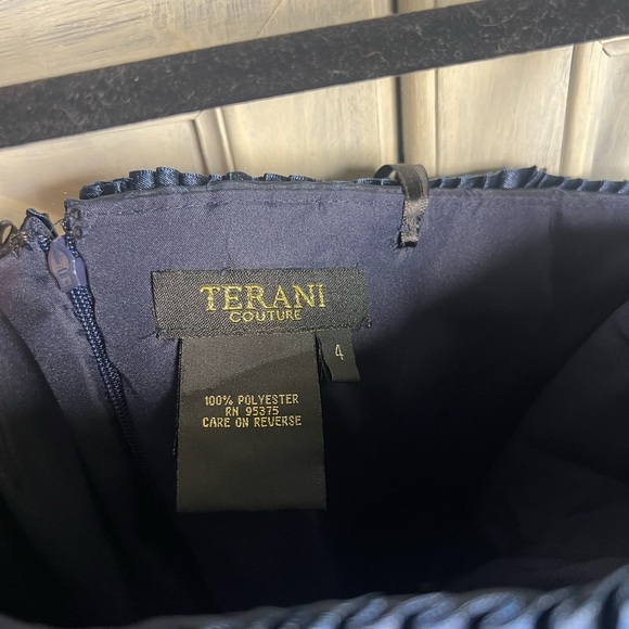 Formal Terani Couture Navy Strapless Ribbon Textured Beaded Cocktail Dress - Picture 5 of 7